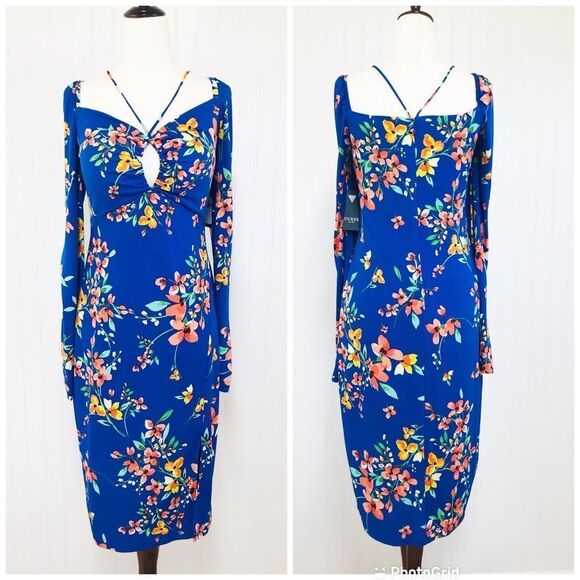 GUESS‎ Blue Floral Cutout Bodycon Dress Long Sleeve Knee Length Slit Size 10 New - Picture 2 of 13